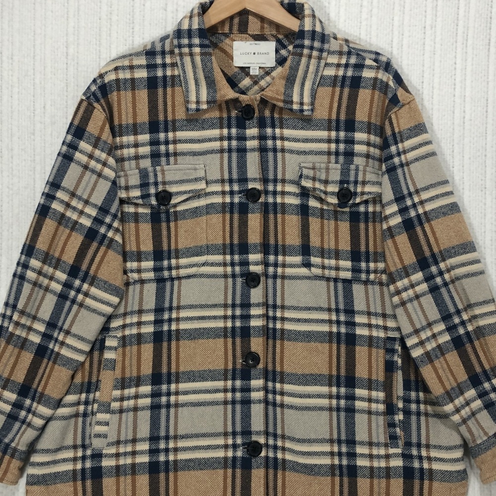 Lucky Brand Plaid Shirt Jacket Tan Navy Blue Button Front Shacket Mens Medium